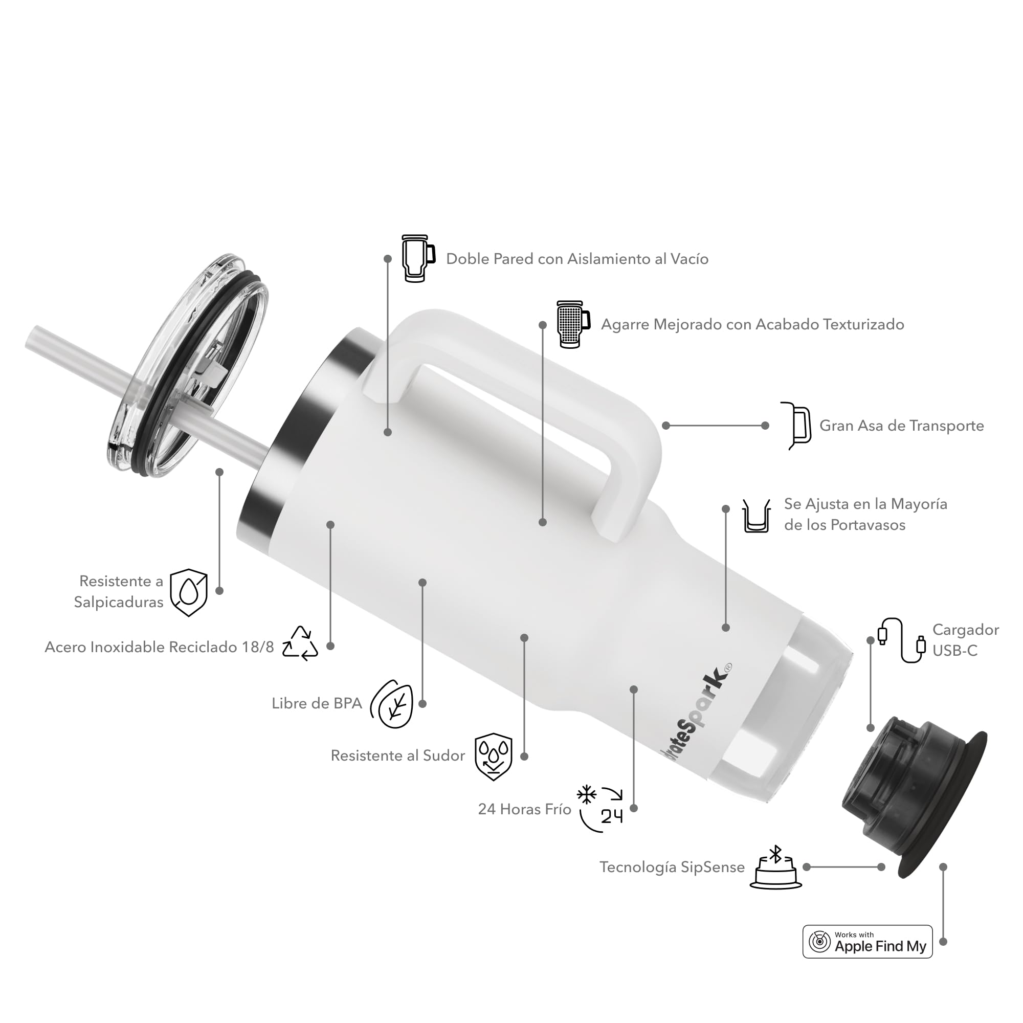 Hidrate Spark PRO 2 – Vaso de Hidratación Inteligente con Recordatorios & Seguimiento, 887ml Acero Inox – Sincroniza con Apple Health, Fitbit, Anillos & Relojes – Blanco