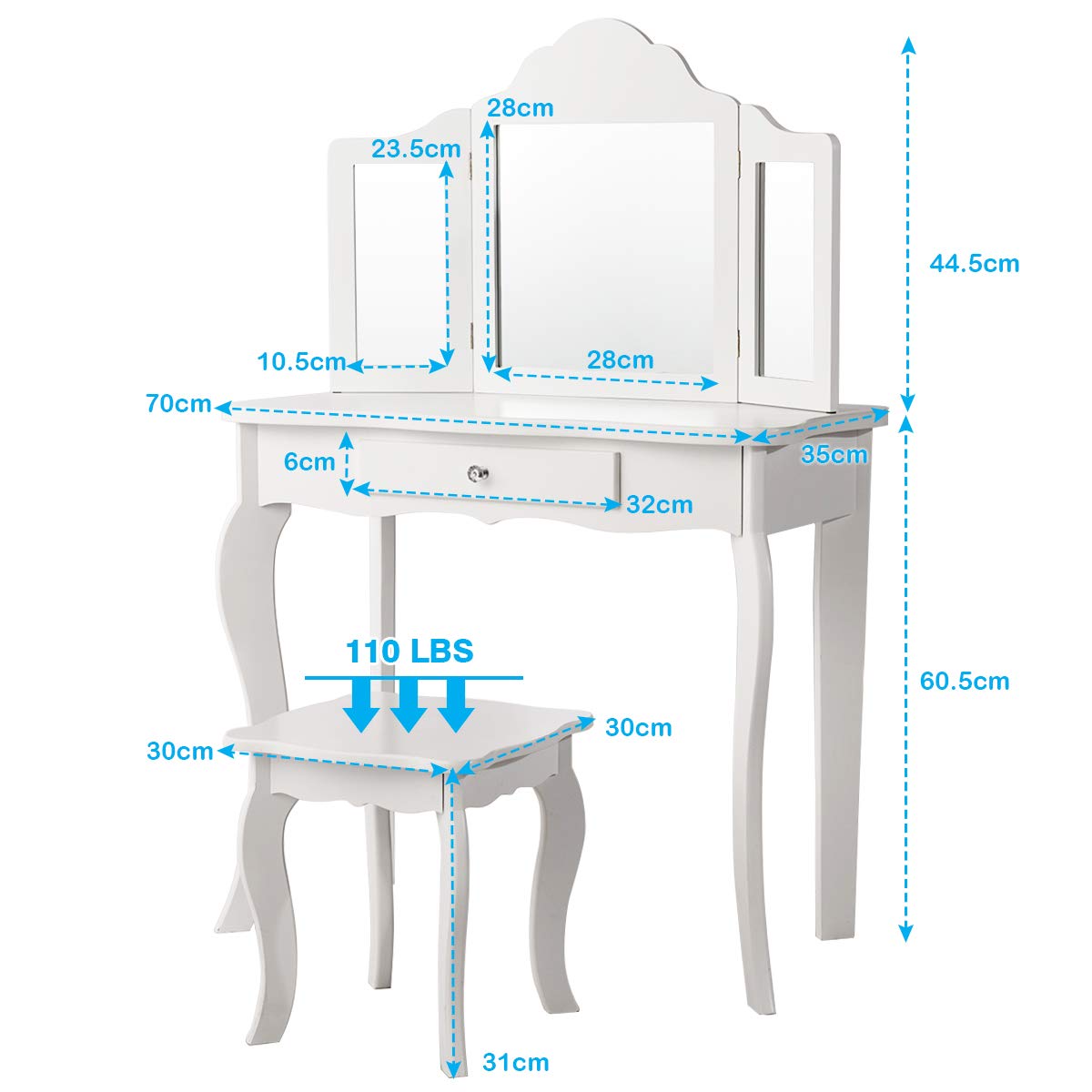 LIFEZEAL Coiffeuse Enfant 2 en 1 avec Tabouret et Tiroir, Coiffeuse Enfant Fille avec Miroir à 3 Volets Pliables, Table de Maquillage pour Enfants 3-7 Ans, 70x34x105cm (Blanc)