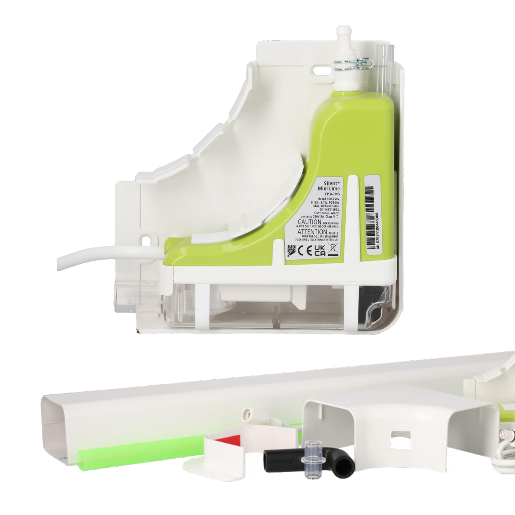 Aspen Pumps FP3470/5 Pompe de Relevage des Condensats Silent+ Mini Lime 5e Génération, Silencieuse 16 dB(A), Débit Max 40 L/h, avec Kit de Goulotte EuroSplit Blanc