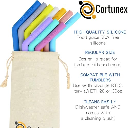 Miniatura 5 de Juego de 10 popotes de silicona de alta calidad, 10.5, ecológicas, reutilizables, con 3 popotes de acero inoxidable de 8.5 y 2 cepillos de limpieza,