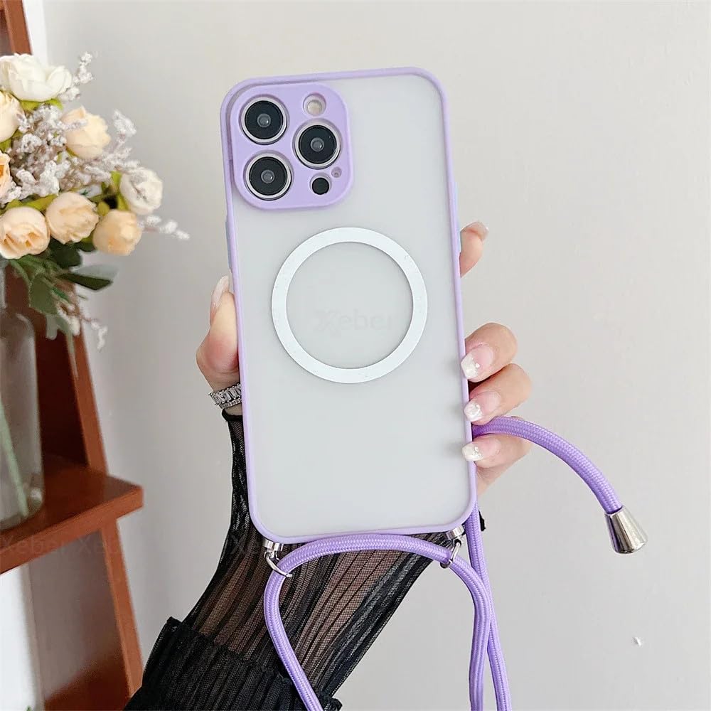 Magnetyczny matowy przezroczysty futerał na telefon iPhone 15 14 13 12 11 Pro Max 7 8 Plus naszyjnik sznurkowy rękaw ochronny, fioletowy, do iPhone'a 13