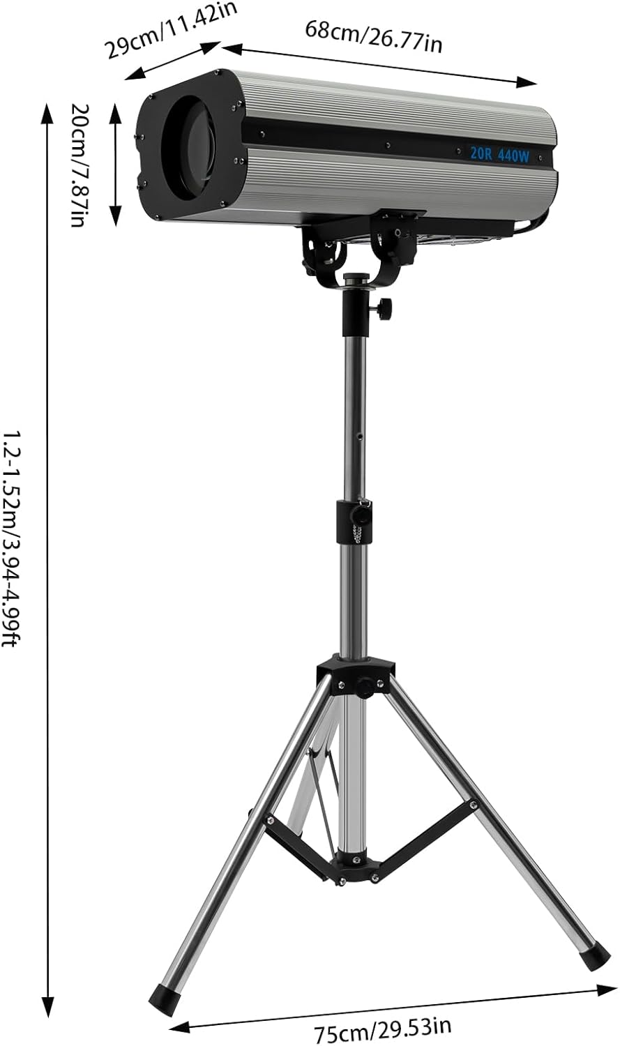 Diagram showing the dimensions of the Pinelicorn 440W LED Stage Spotlight mounted on its tripod stand.