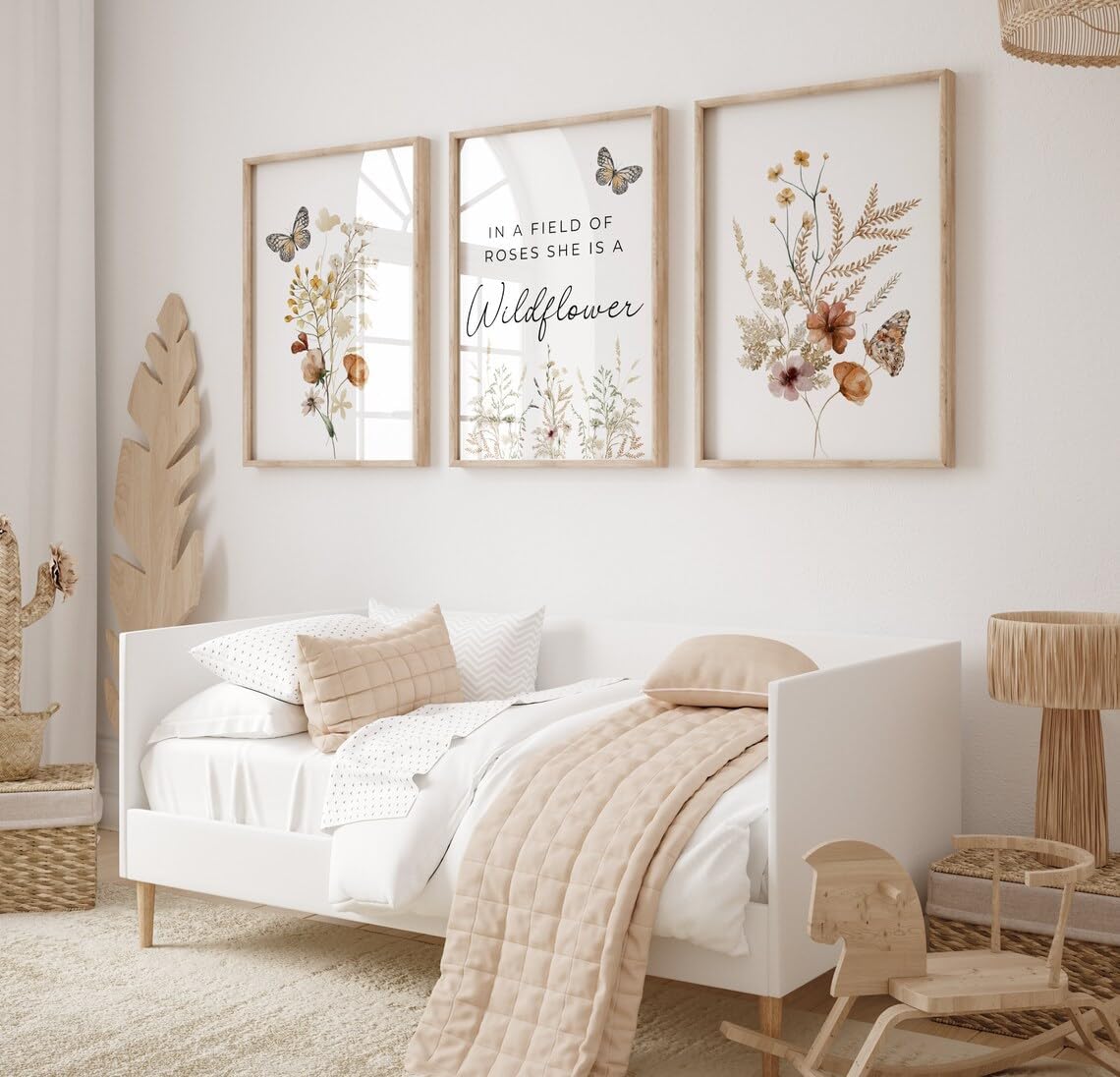 Set of 3 Wildflowers Nursery Wall Art Prints In A Field Of Roses She Is A Wildflower Poster Painting Watercolor Flower Butterfly Canvas Pictures for Girls Bedroom Nursery Decor With Inner Frame