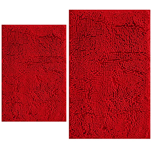 BOANKODU Bathroom Rugs Sets 2 Piece Extra Soft Chenille Bath Mat Absorbent Bathroom Rug Bathroom Mat with Sturdy PVC Non-Slip Bottom Machine Washable Bath Rugs (32x20 Inch + 24x16 Inch Red)
