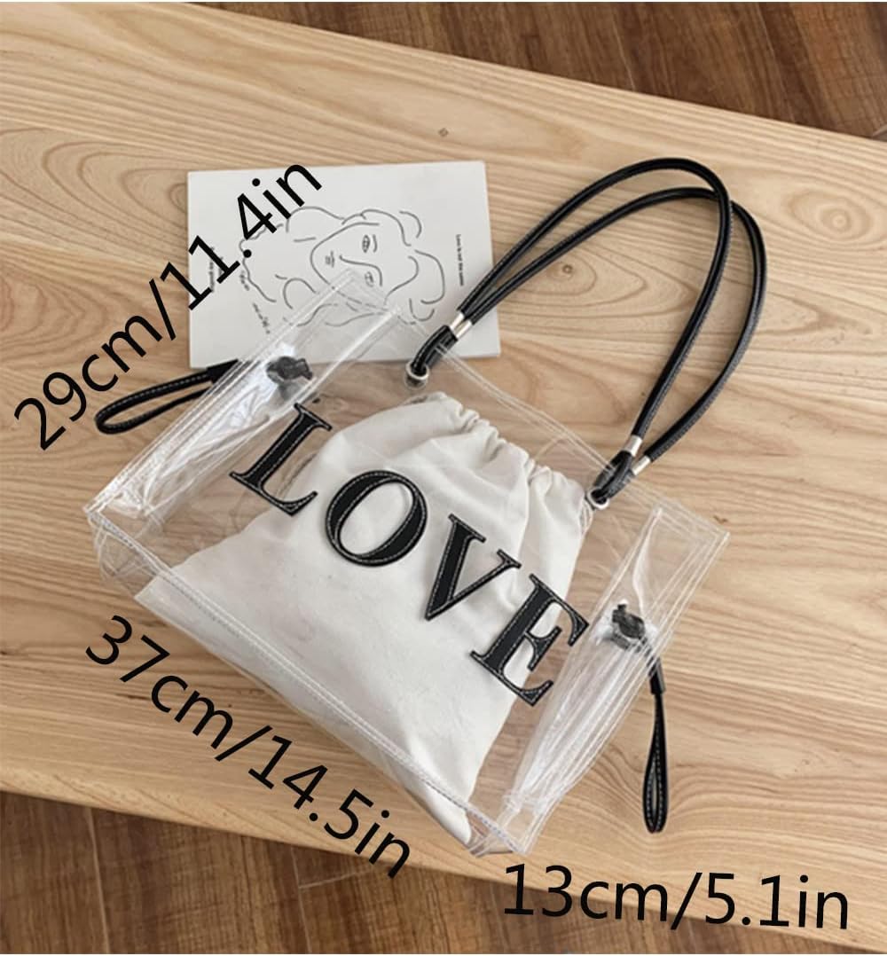 Women Clear Jelly Tote Bag Large Capacity Shoulder Bags Letters Purse