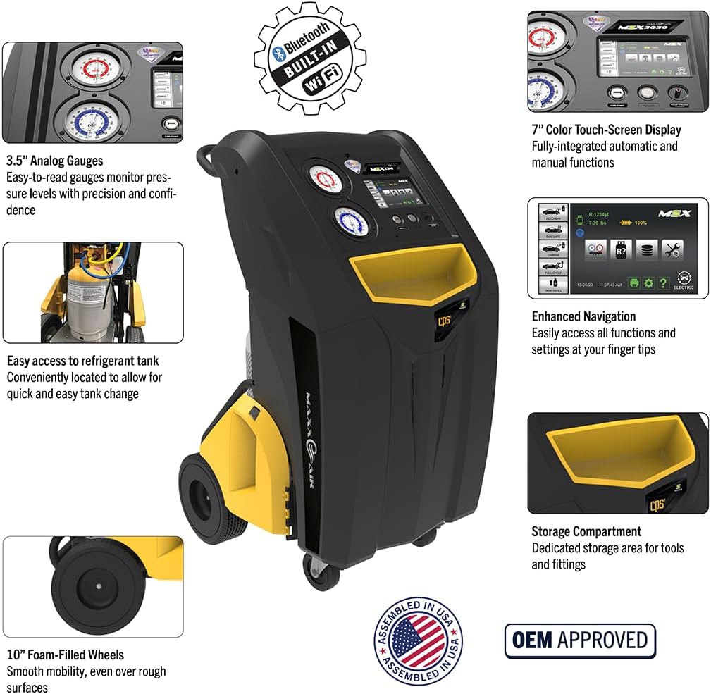 CPS MSX134 MAXXAIR All-in-One Air Conditioner Recovery and Recharge R-134a Management System, Intuitive, High-Definition, 7" Color Touch Screen, Wireless Connectivity, Oilless Compressor, Made in USA