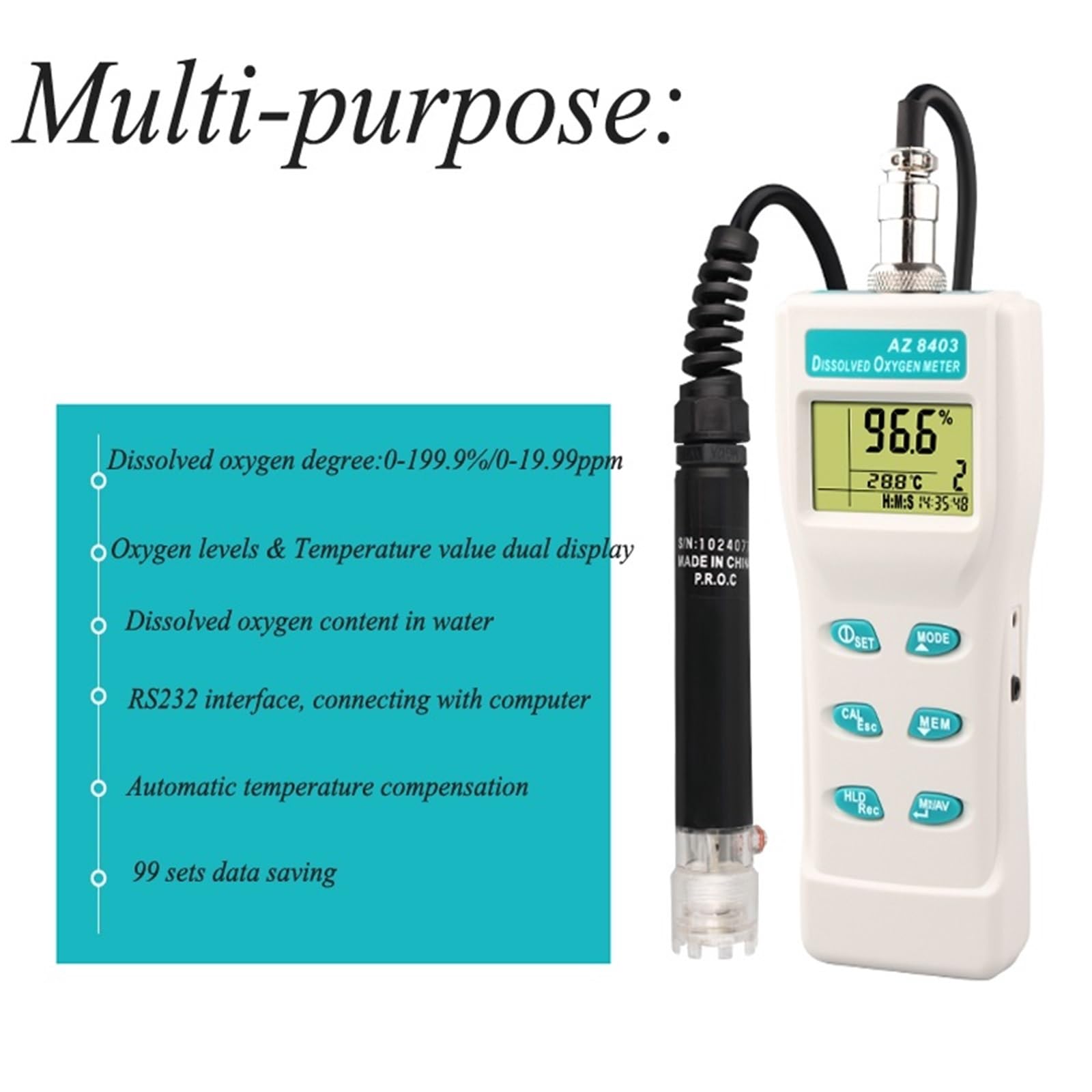 Detector de oxígeno disuelto, medidor portátil for acuicultura, analizador probador calidad del agua AZ8403 Alto rendimiento