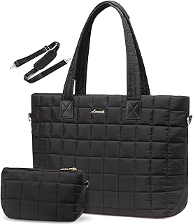 LOVEVOOK LOVEVOOK Laptop Tote Bag for Women, 15.6 Inch Large Puffer Work Computer Tote Bags for Teacher Nurse, Quilted Women's Purse Tote Shoulder Handbags with Zipper for Travel College Office Gym, Black