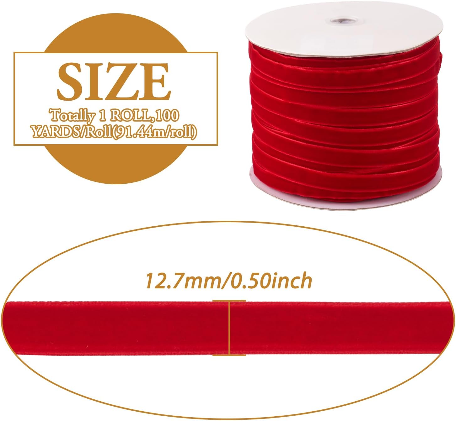 Pandahall 100 Yards Single Face Velvet Ribbon 1/2 Inch Velvet Ribbon Roll with Spool for Gift Wrapping Decoration Party Wedding Arts Crafts (Red)