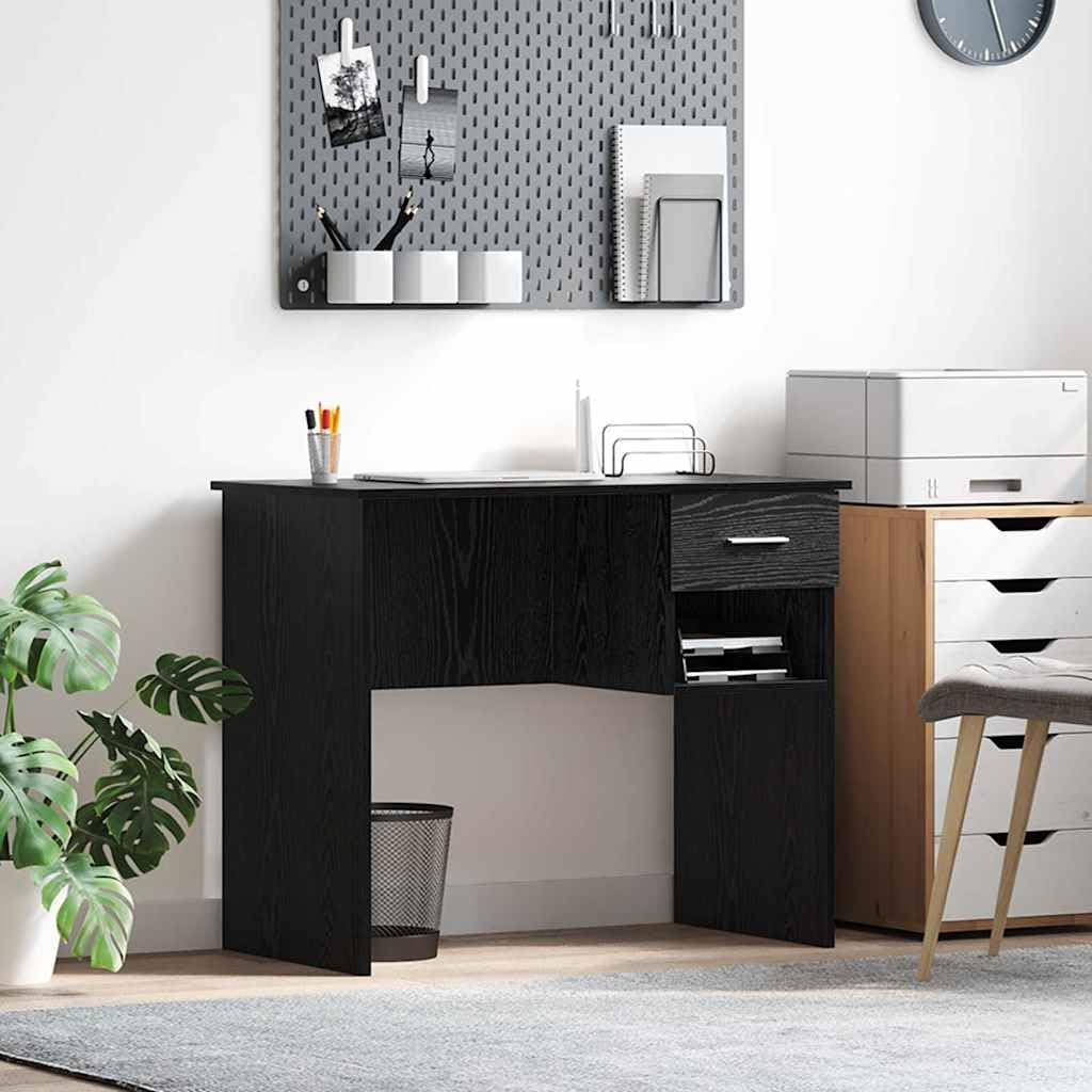 Scrivania nera effetto quercia in legno, 90 x 49 x 75 cm, con cassetto e mensola, scrivania per computer, postazione di lavoro per ufficio, casa, studio, spazio di archiviazione, ergonomica