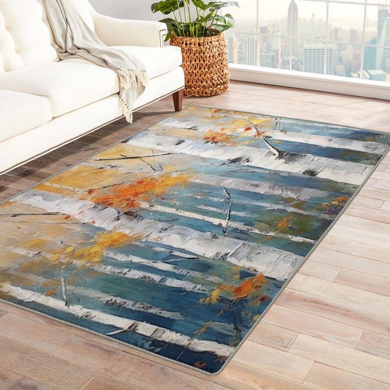 Alfombras de abedul para dormitorio, sala de estar, alfombra de bosque de 4 x 6 pies, lavable, antideslizante, suave, alfombra de pelo bajo,
