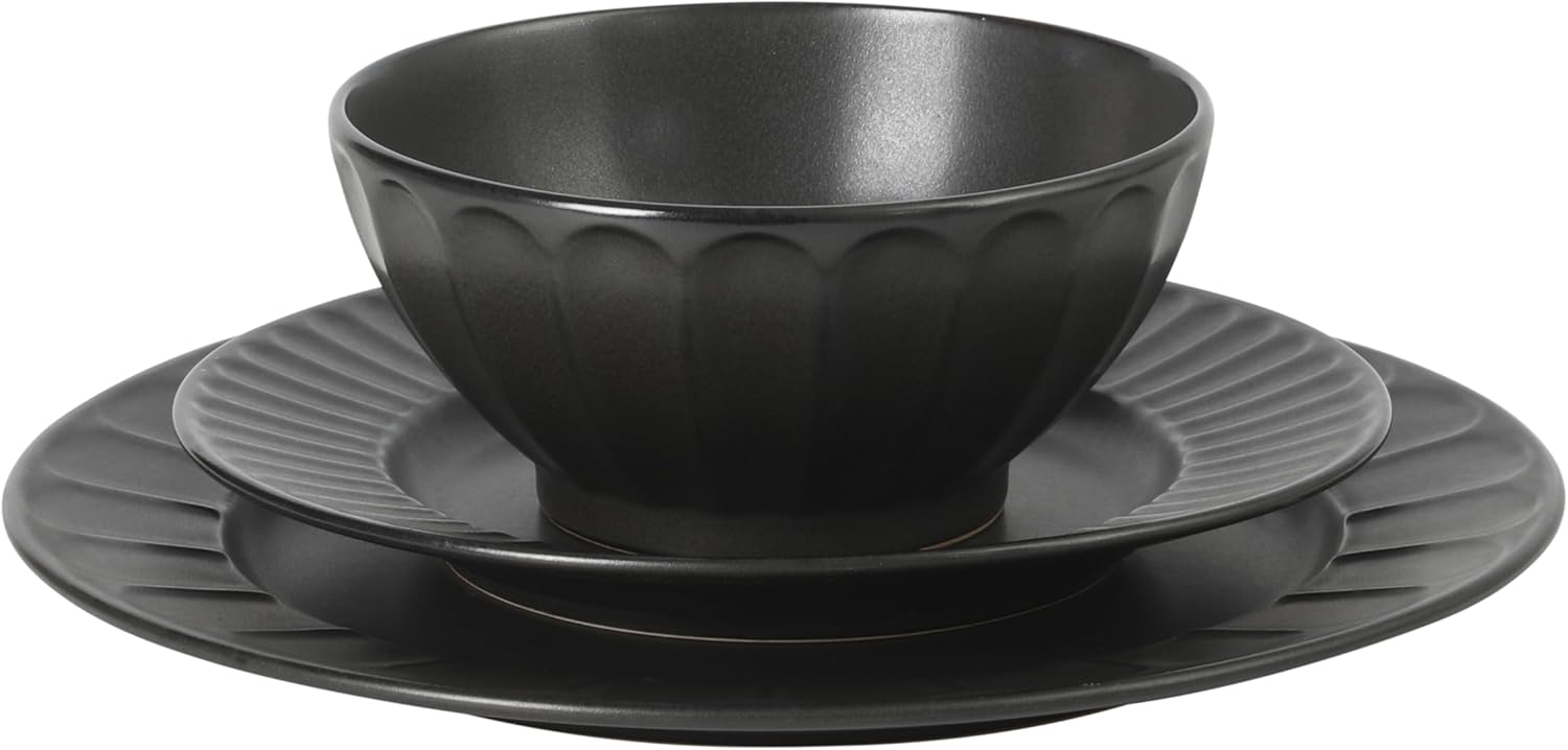 Gibson Elite Winchester Way 12-Piece Embossed Stoneware Dinnerware Set – Reactive Matte Glaze, Durable Lightweight-Tech Plates & Bowls, Everyday Dish Set, Microwave & Dishwasher Safe – Black - Image 7