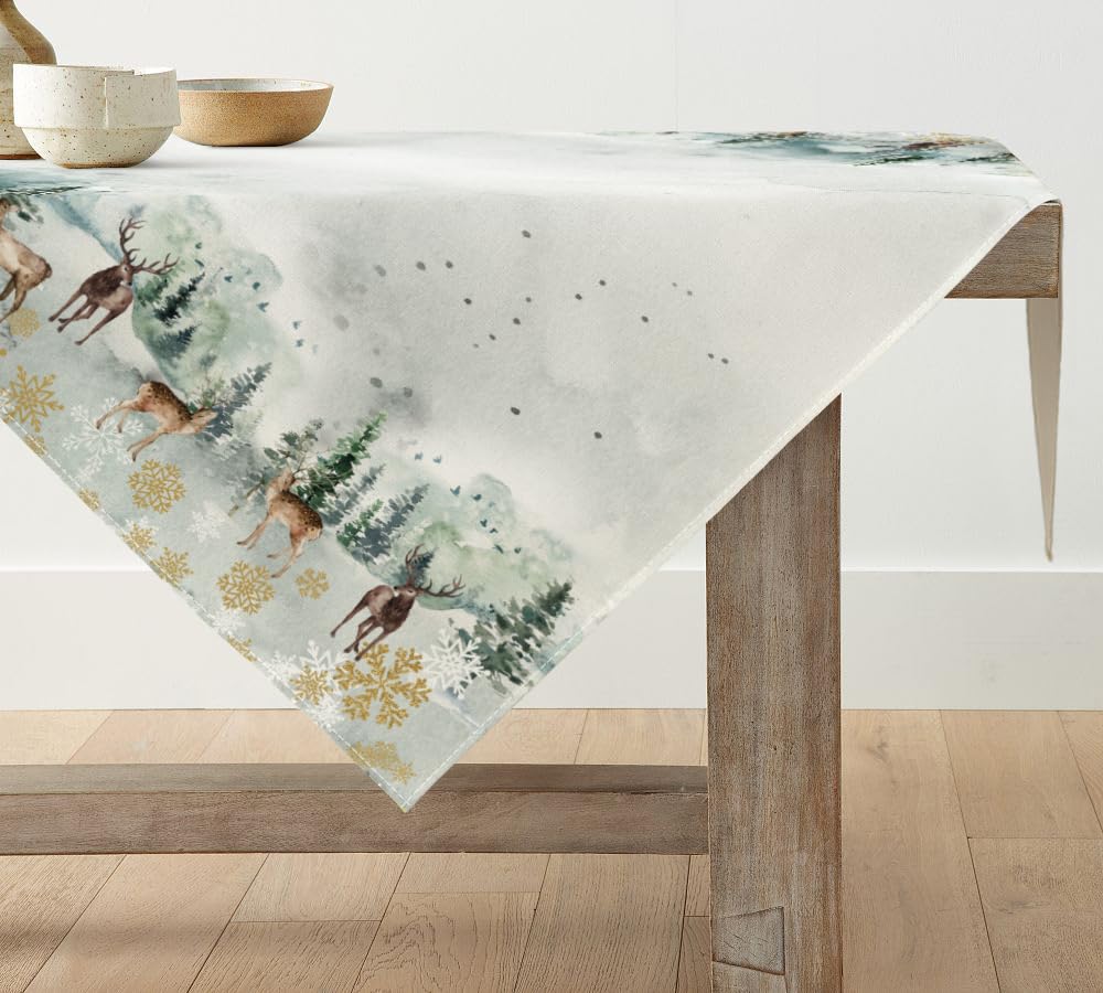 Artoid Mode Watercolor Deer Trees Snowflakes Christmas Table Cloth