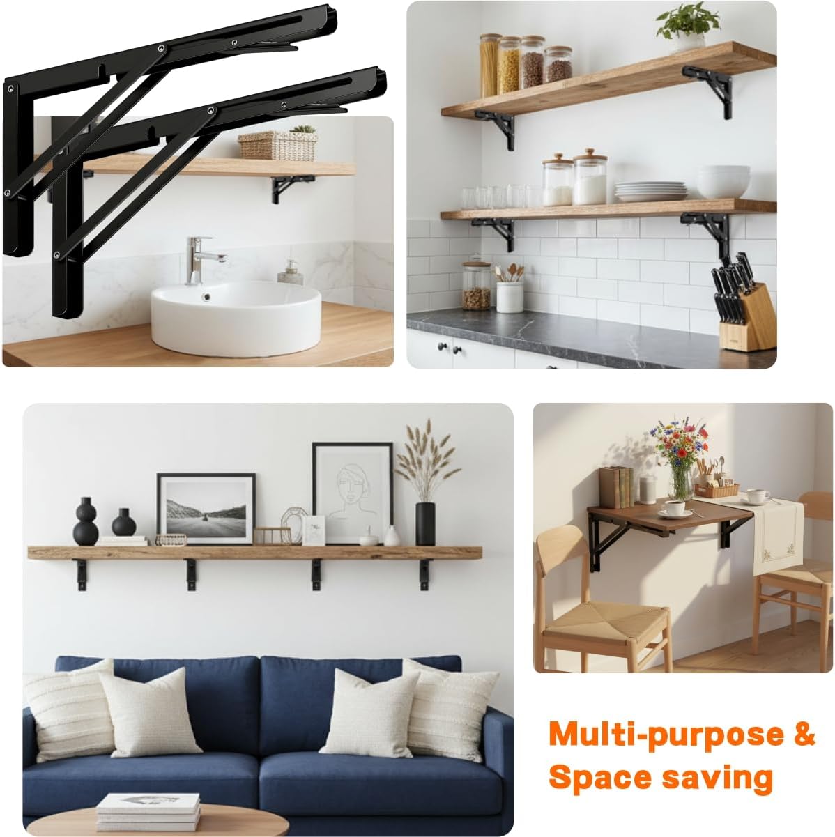 22 Inch Heavy Duty Folding Shelf Bracket - Black ，Metal Collapsible Wall Mount for Garages, Space-Saving Supports for Garage/RV/Kitchen/Backyard，Maximum Bearing Capacity is 360 lbs, 2 PCs/Set
