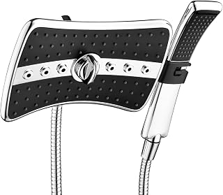BRIGHT SHOWERS Dual High Pressure Rainfall & Handheld Shower Head Combo, 4 Spray Modes, 60 Inch Stainless Hose, Black/Chrome