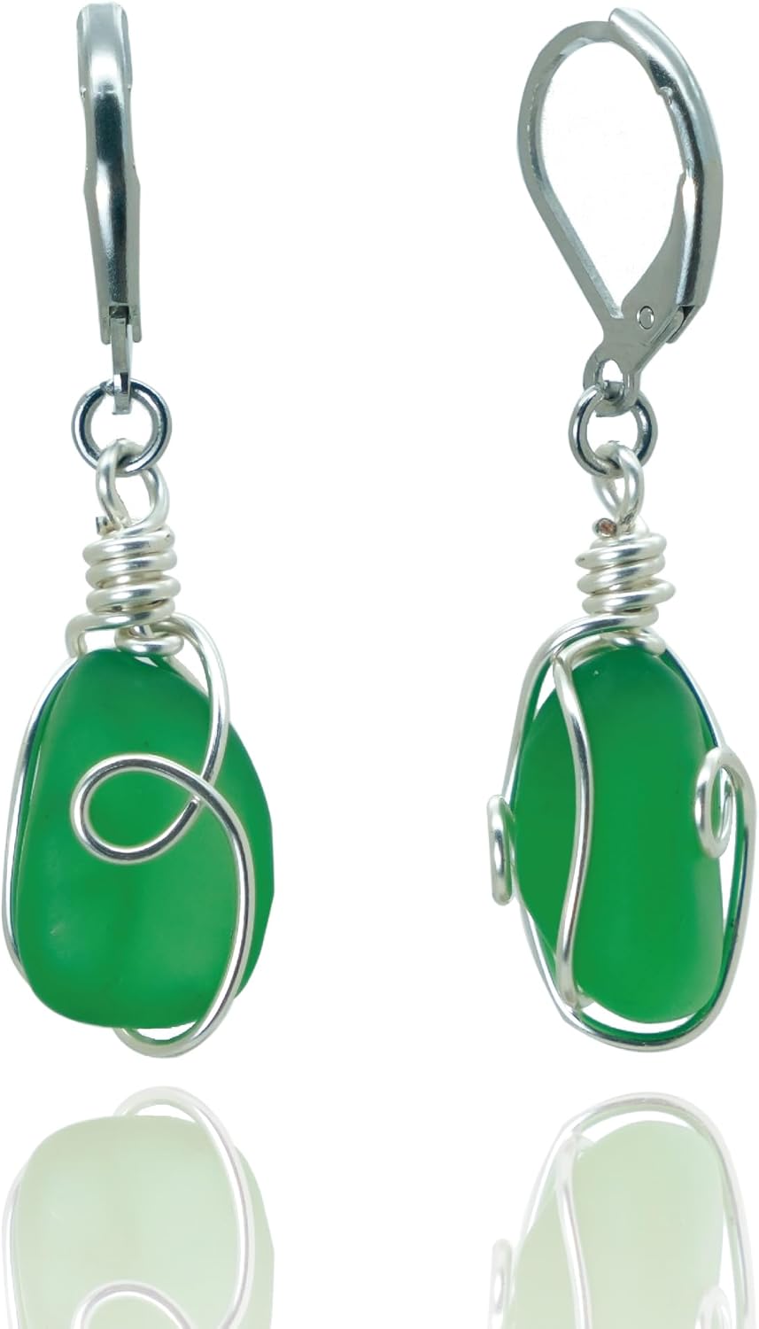Handmade Sea Glass Wire Wrap Drop Earrings Jewelry ，Beach Earrings, Summer Gift, Ocean Jewelry Inspirational Gifts for Women, Mom, Sister