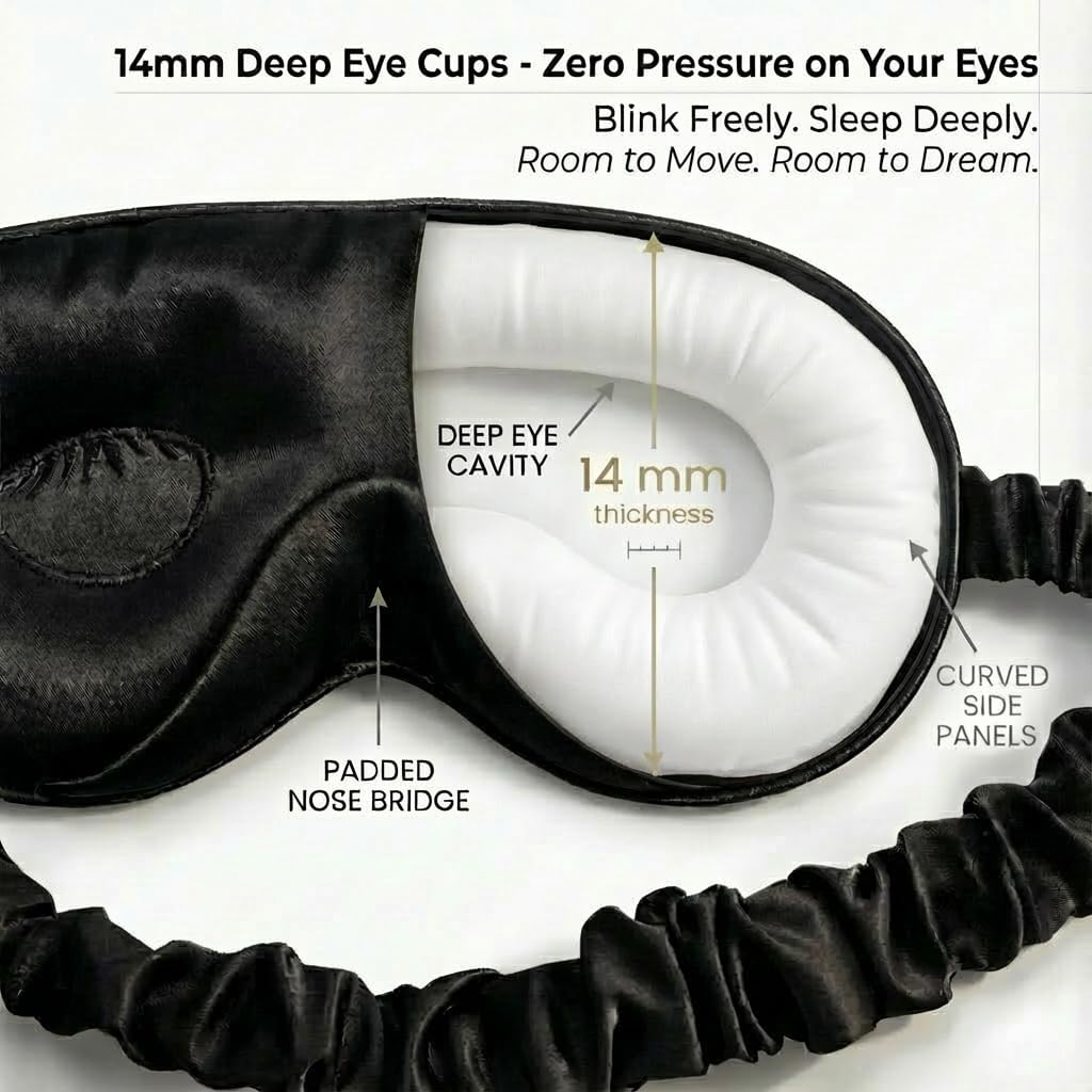 MATASSE 100% Mulberry Silk Sleep Mask 22 Momme Grade 6A - 3D Contoured Eye Mask for Sleeping, 14mm Deep Eye Cups, Total Blackout Blindfold for Women Men, Adjustable Strap, Side Sleeper (Black)