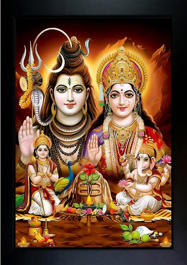 MYTHOLOGY CENTRE Shiv Parivar Photo Frame | Bhole Nath parivar | Maa Parvati, Ganesh, Kartikey and Shiv Shankar Wall Painting For Home Decoration And Gifting (10 x 13.5 inch)