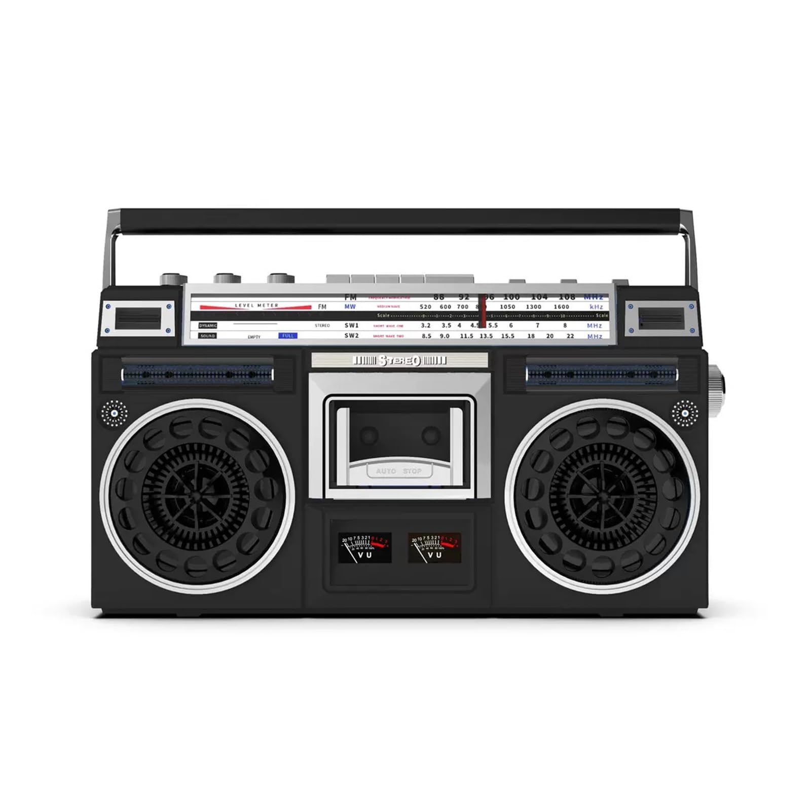 Odtwarzacz kasetowy Retro Boombox z Bluetooth, radiem AM/FM, odtwarzaniem USB/Micro SD, magnetofonem kasetowym, przenośnym głośnikiem stereo wyświetlaczem LCD i dwoma miernikami VU