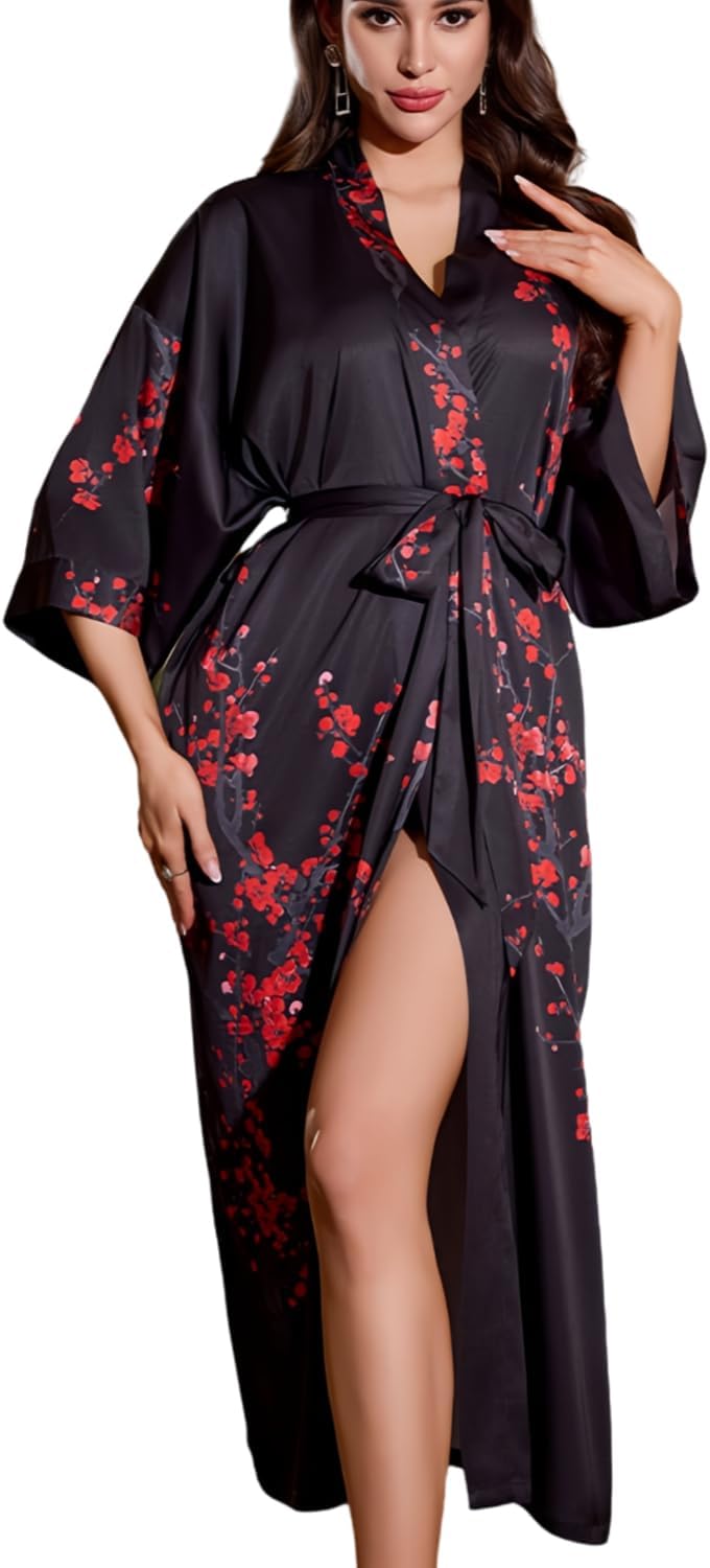 Women's Silky Satin Kimono Robe,Long Floral Print Bathrobe, Bridesmaid Wedding Sleepwear