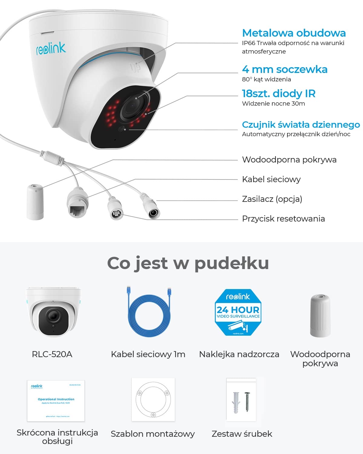 Reolink Zewnętrzna Kamera Monitoringu PoE z Wykrywaniem Ludzi/Pojazdów, Pogodoodoprność IP67, Kopułowa Kamera CCTV IP, Kamera Monitoringu z Nagrywaniem Audio i Funkcją Timelapse RLC-520A