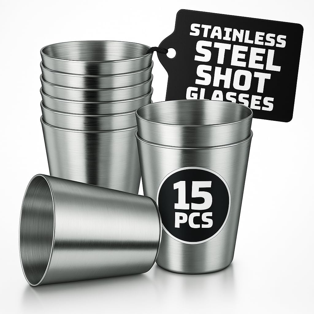 Reusable Shot Glasses, 15 Pack, 30ml/1oz, Stainless Steel, Polished Finish