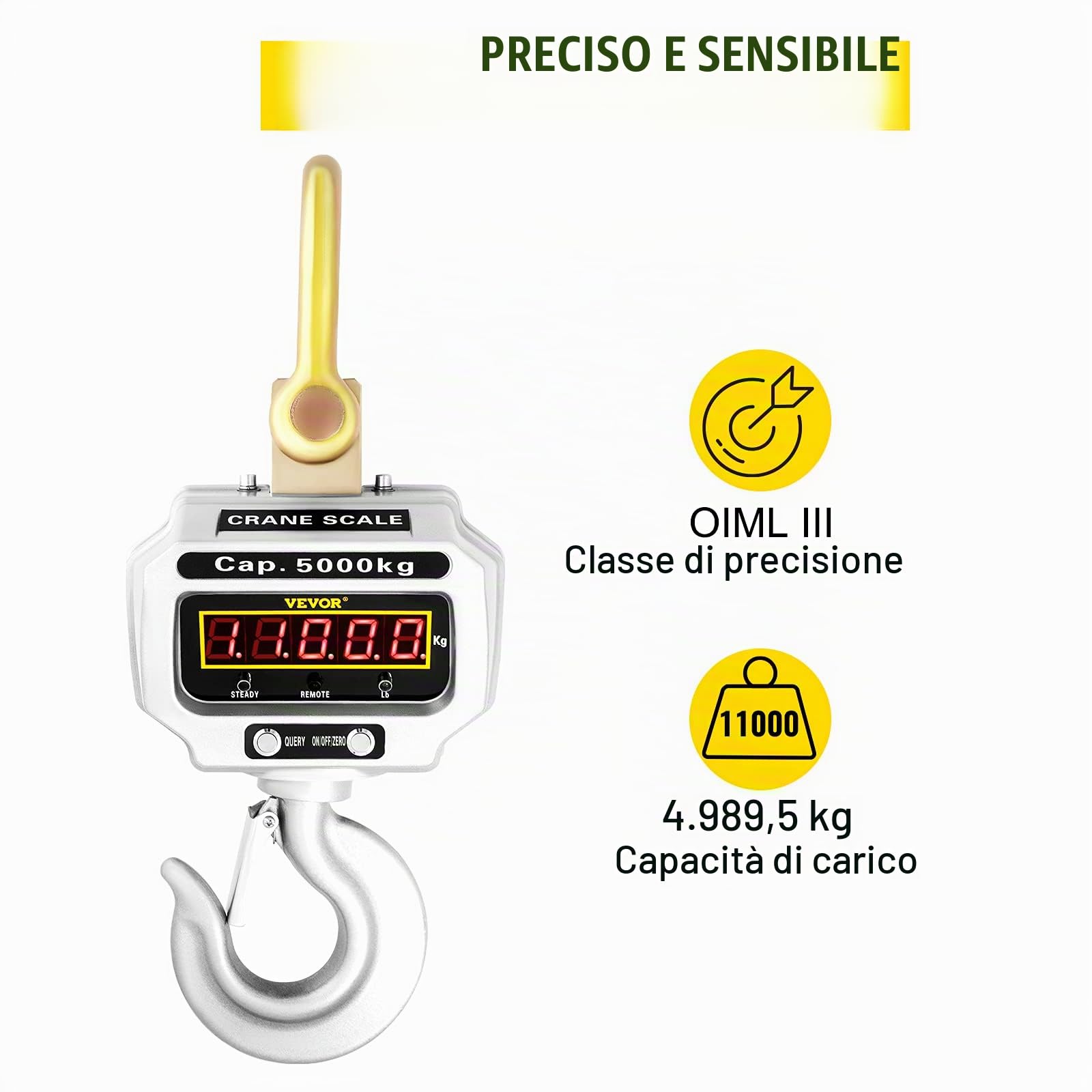 VEVOR Bilancia a Gancio Digitale da 5000kg, Bilancia Dinamometro con Gru di Elevata Precisione, Gancio Elettronico Pesapersone Elettronica Portatile con Display LCD