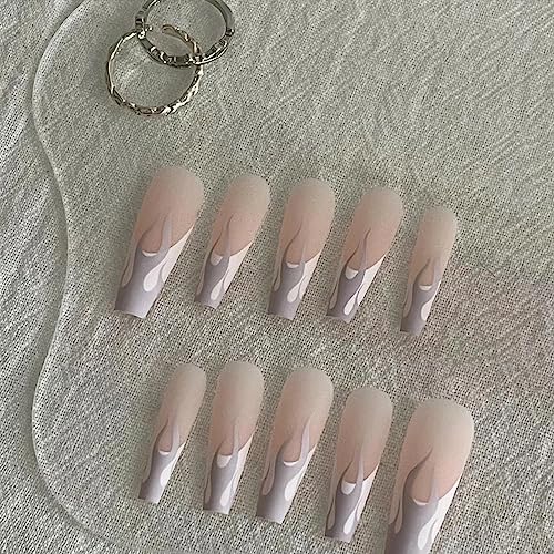 Uñas postizas presionadas French Tip largas con diseños grises, uñas falsas con pegamento, uñas acrílicas blancas en forma de ataúd, uñas neutras nude, puntas de llama, accesorios de manicura para mujeres y niñas, 24 piezas miniatura 5