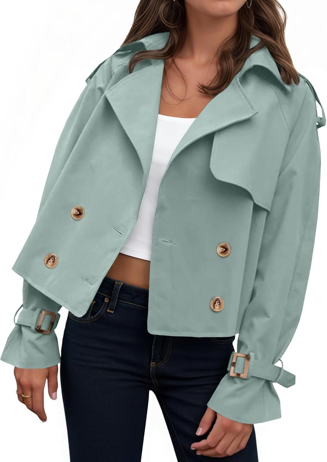 Tankaneo Womens Cropped Trench Coat Oversized Double Breasted Lapel Long Sleeve Short Jacket Fashion Outerwear