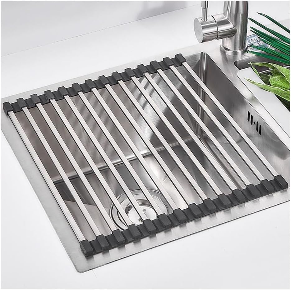 32-60 CM Long Collapsible Expandable Roll Up Dish Drying Rack, Anti-Slip Square Tube Kitchen Rolling up Stainless Steel Drainer(L 46cm/18.1in)