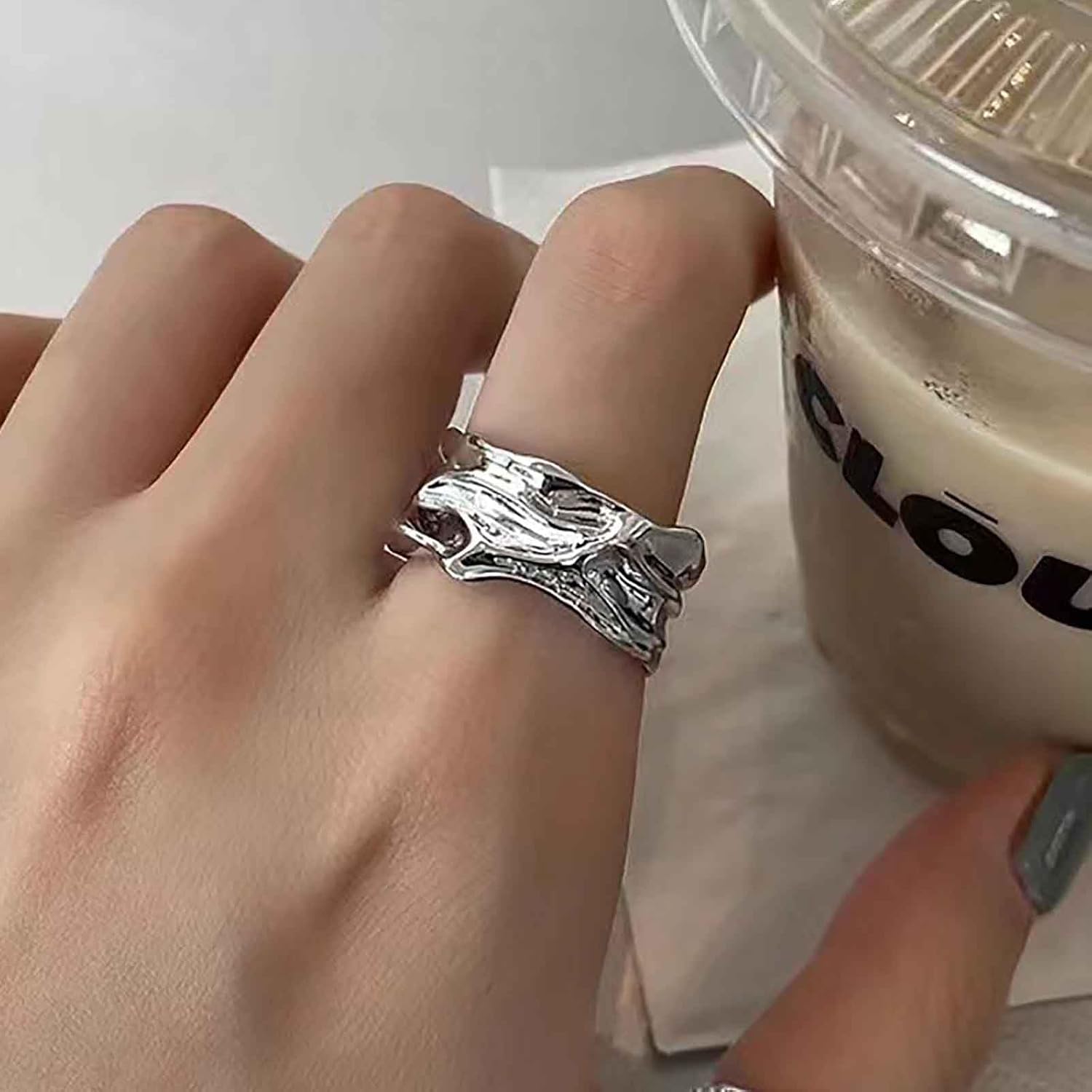 Boho Vintage Textured Open Adjustable Ring Silver Wide Open Ring Chunky Wide Hammered Rings Irregular Textured Finger Rings Jewelry for Women - Image 2