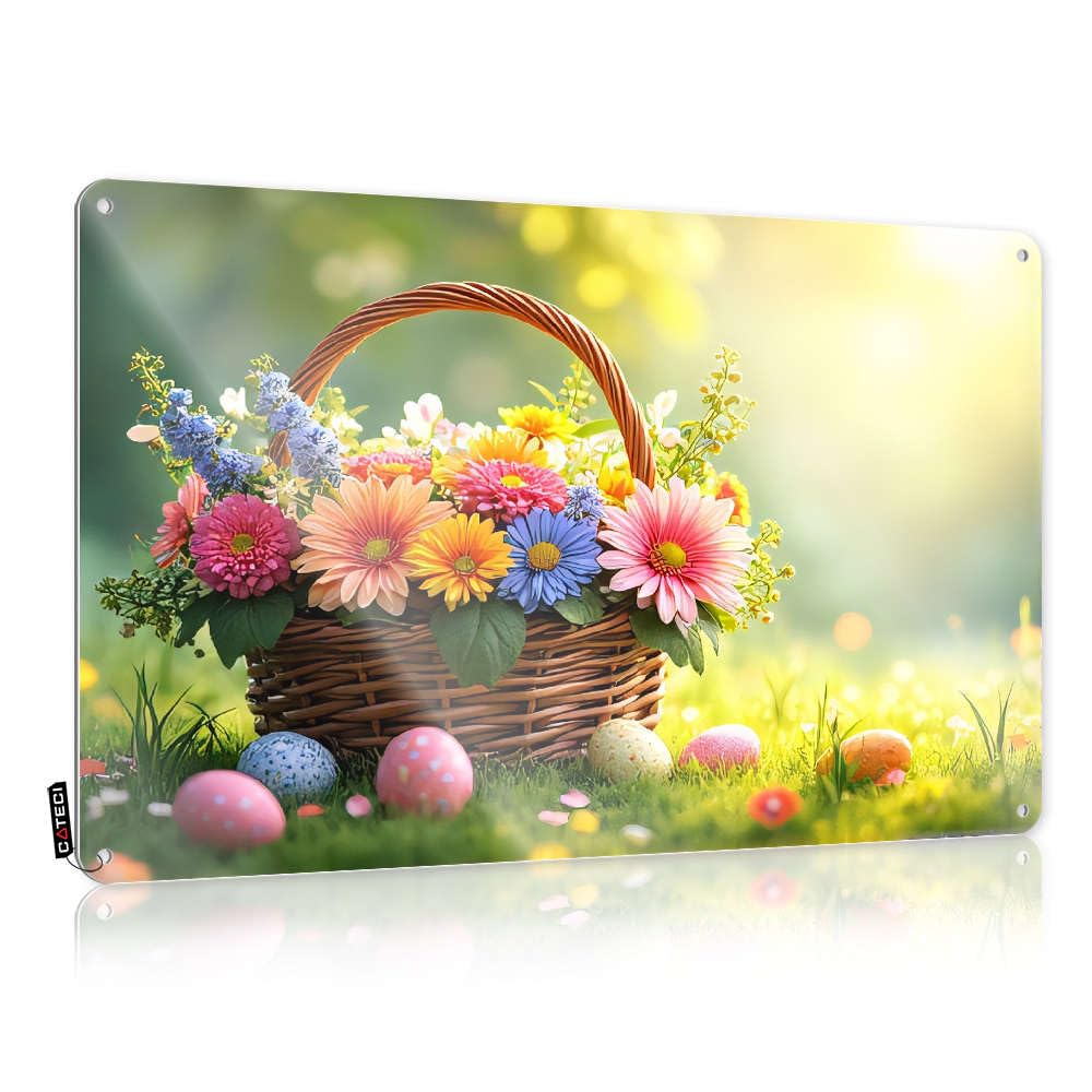 Sujd Men's Colour Tin Plate Sign Western Aztec Wall Decor Welcome Porch Rust-Proof Metal - Highland 12Inch Vintage & A Basket Of Colorful Flowers With Easter Eggs On The Grass. / Funny Bathroom