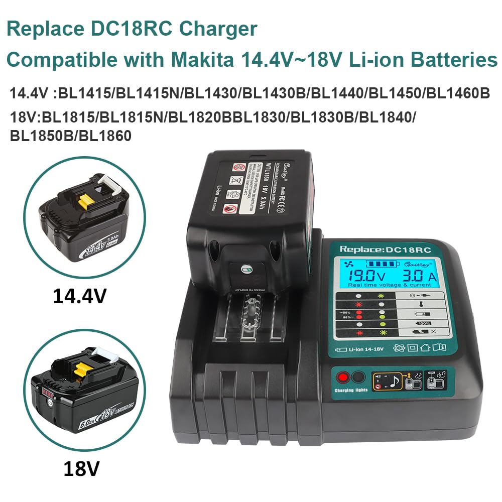 Powarobor DC18RC 14,4V-18V Caricabatteria rapido compatibile con Makita Li-ion batteria BL1830 Ｂ1850ＢL1850 BL1860B BL1830B BL1430 BL1450 caricabatterie 3A Con display LCD DC18RA