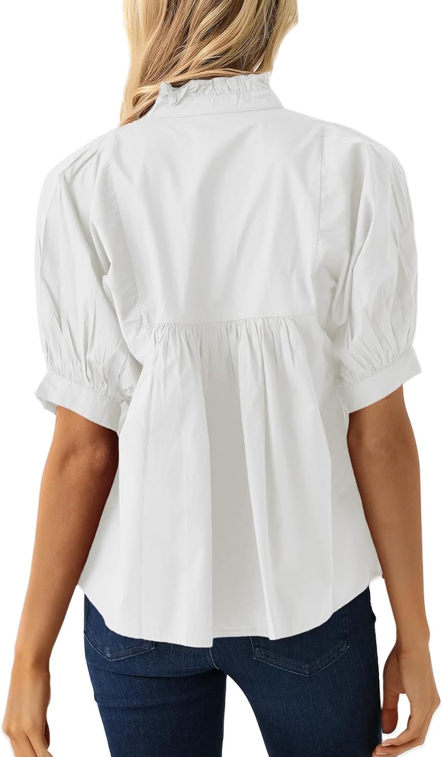 LAYOGAS Women Puff Sleeve Babydoll Peplum Tops V-Neck Pleated Blouse Casual Loose Fit Shirts White - Image 4