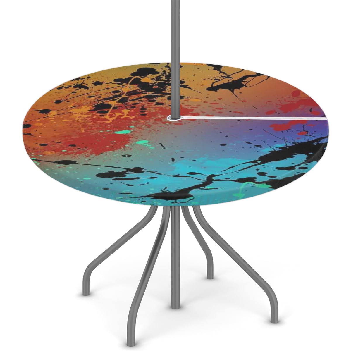 XMNYGJ Watercolor Abstract Round Fitted Tablecloth with Umbrella Hole Zipper Outdoor Oil Waterproof Stain Resisteant Round Elastic Table Cover for Party, Picnic and Patio 36-44 Inch