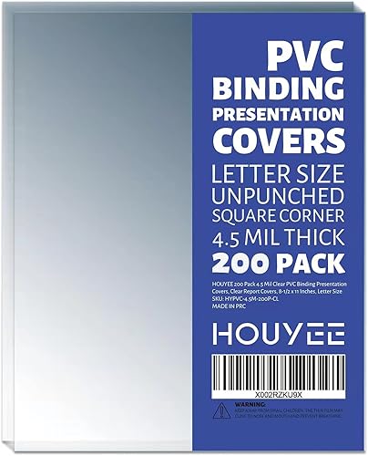 HOUYEE Paquete de 200 portadas de presentación de PVC de 4.5 mil, hojas transparentes para encuadernación, esquina cuadrada, 8.5 x 11 pulgadas,