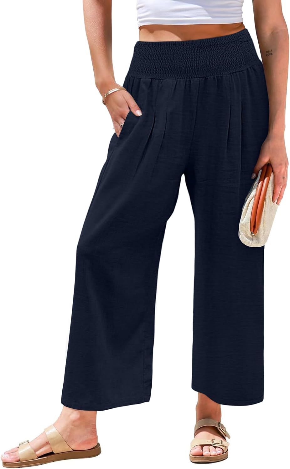 Angerella Women's Wide Leg Pants Casual High Waisted Palazzo Pants Summer Flowy Beach Lounge Trousers with Pockets