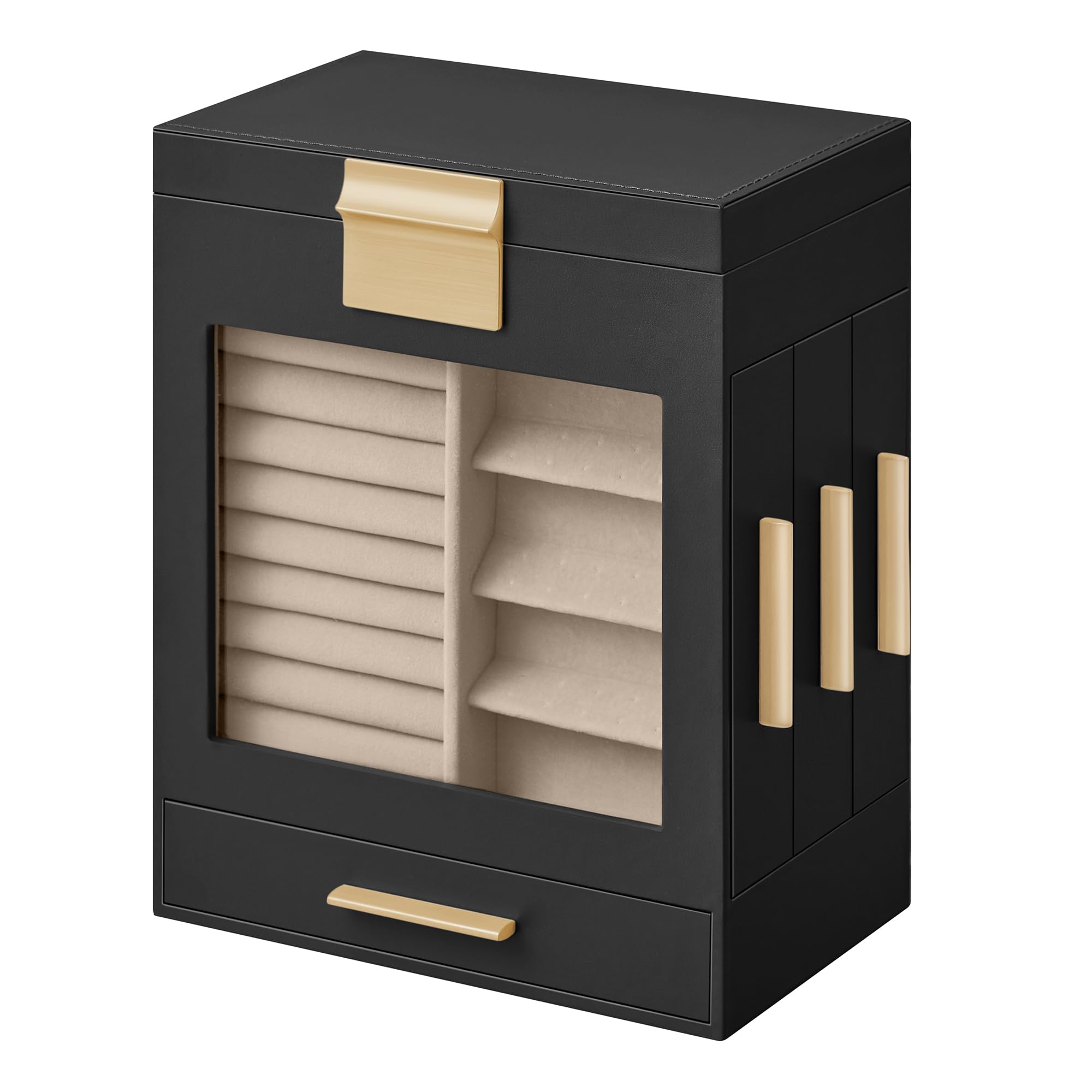 SONGMICS 5-lagige Schmuckschatulle mit Glasfenster, 3 seitliche Schubladen | Gisella Collection Schmuck-Organizer mit großem Spiegel, 13 x 20 x 24 cm, Tintenschwarz und Hellbraun, UJBC172B01
