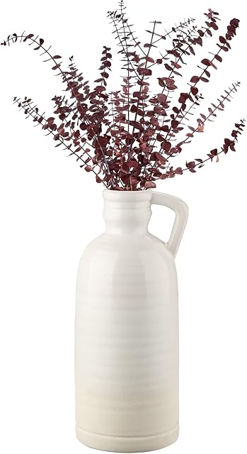 Oairse White Flower Vase with Handle Vintage Boho Ceramic Vase For Pampas Grass, Milk Jug Vase Perfect For Storing Flowers, Decorative Living Room Bedroom Spring Decor, Tall 32CM
