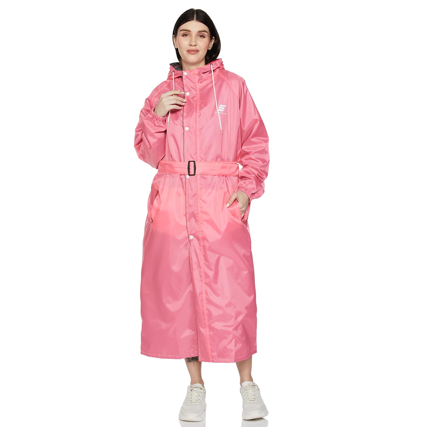 Amazon Brand – Symactive Polyester Long Raincoat with Hood & Waist Belt for Women | Double Layered Waterproof | Seam-Sealed, High Neck | Size 2XL | Pink-image-17