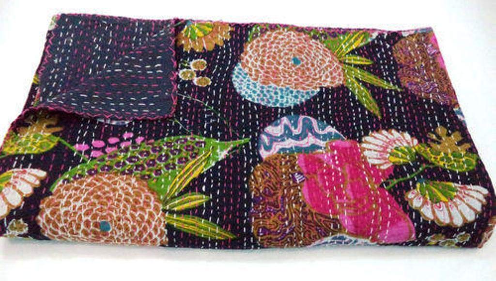 YUVANCRAFTS Indian Handmade Black Fruit Print Kantha Quilt Twin Size Cotton Kantha Throw Blanket Bedspread Single Quilt