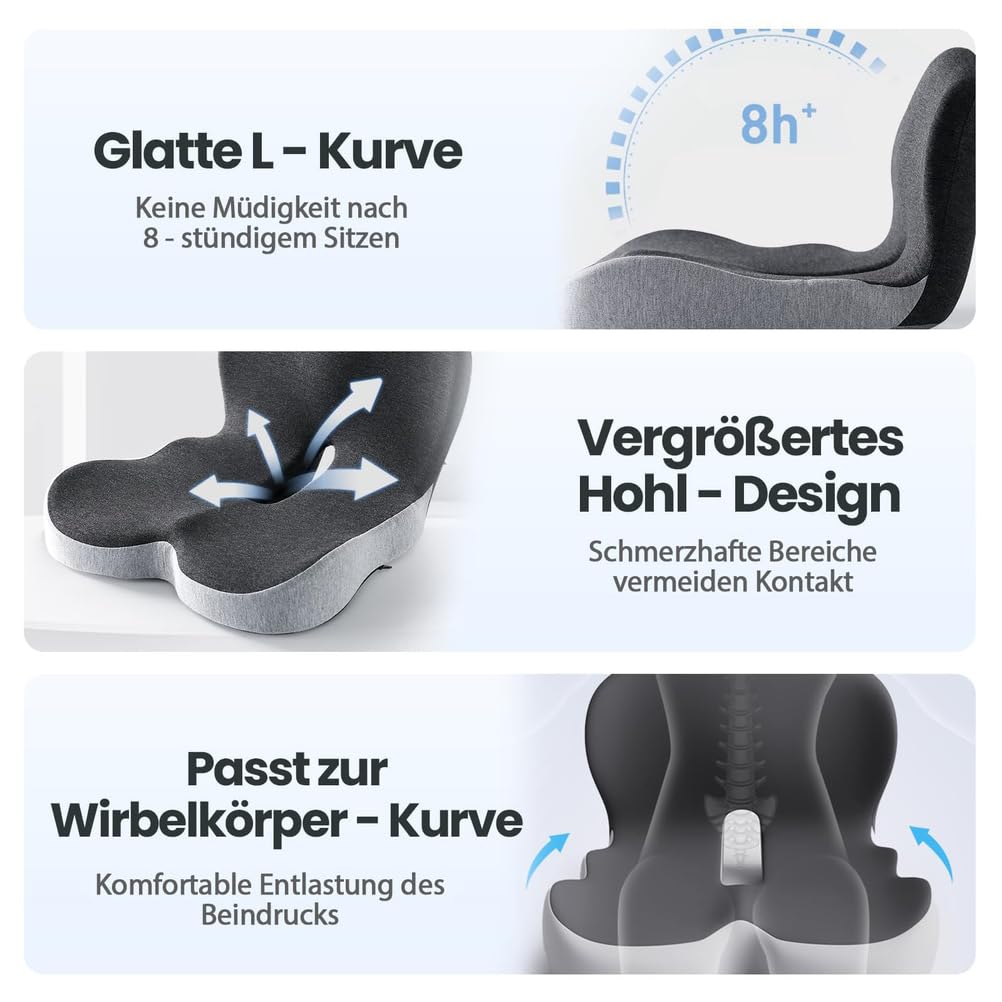 Cojín de espuma viscoelástica para respaldo y asiento con soporte lumbar, tela antideslizante para coche y silla de oficina, comodidad ergonómica, color gris claro