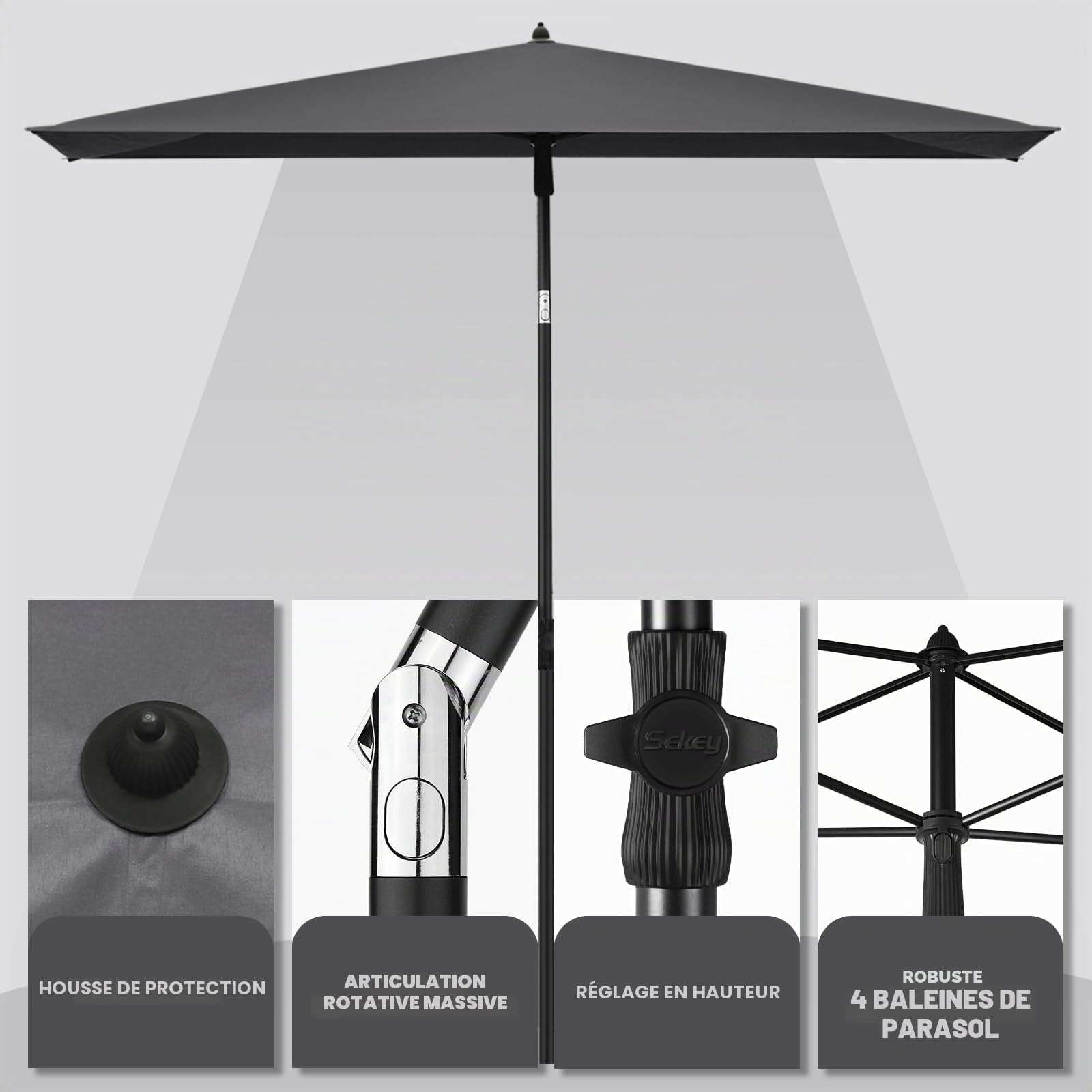 Sekey Parasol Rectangulaire - Avec housse de protection, Pivotant et Ajustable en hauteur, Protection UV UPF50+