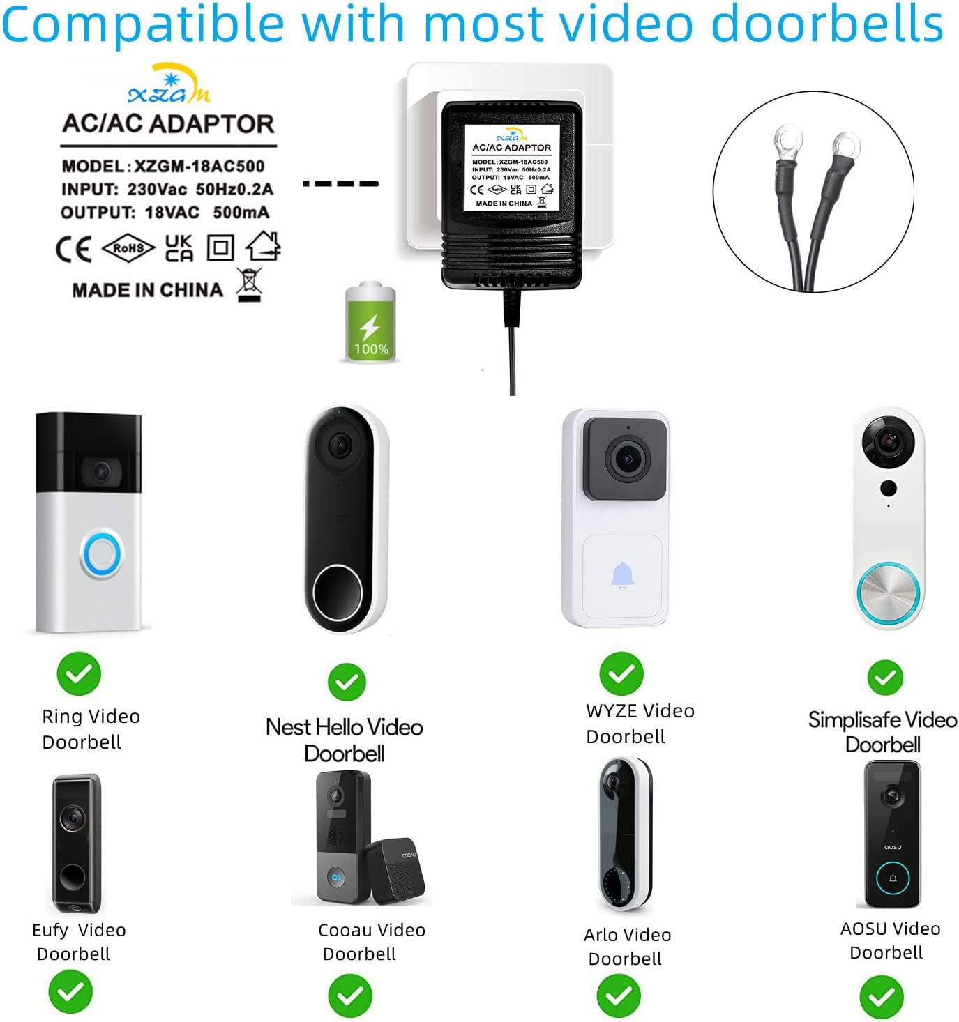 Transformateur de sonnette vidéo 18 V 500 mA pour sonnette vidéo Ring Nest Eufy Arlo Wyze Câble d'extension 8 m Noir