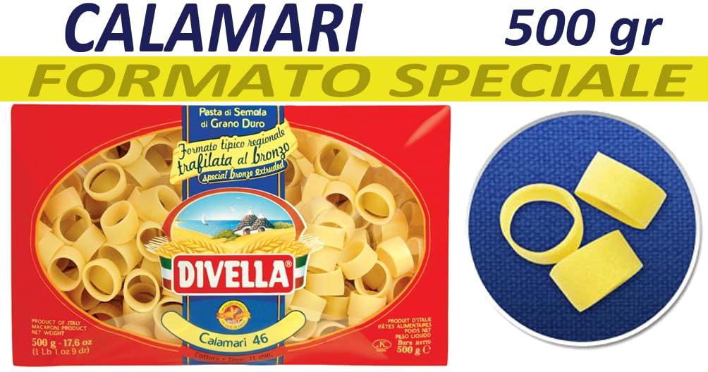24x Divella Pasta Calamari Nr.46, 100% Italienisch Nudeln aus Hartweizengrieß 500g pack + Beni Culinari Kostenloser Schlüsselanhänger