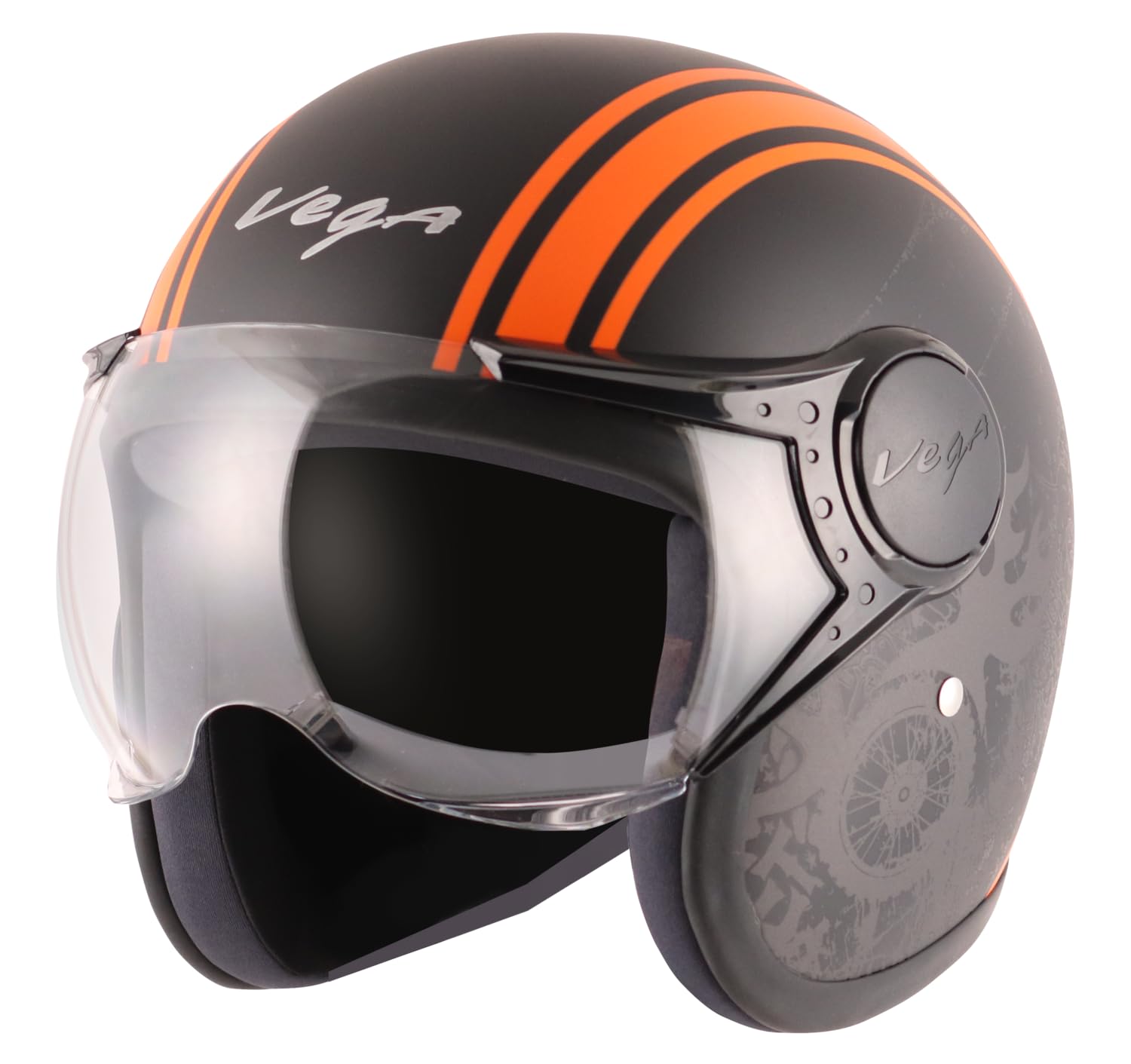 Jet Old School ISI DOT Certified Matt Finish Open Face Helmet for Men and Women with Clear Visor(Dull Black Orange, Size:L)