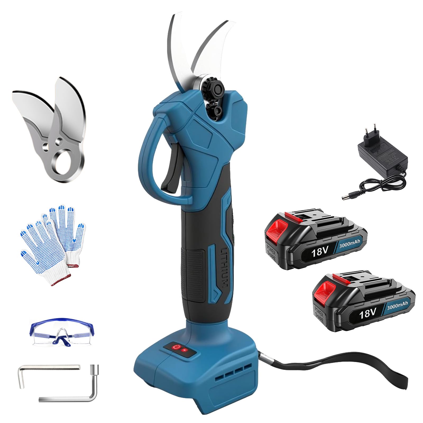 Forbici da potatura elettriche professionali con batteria di ricambio per Makita, forbici da potatura a batteria 2 x 3,0 Ah, diametro massimo di taglio 30 mm, rami con batteria per potatura da