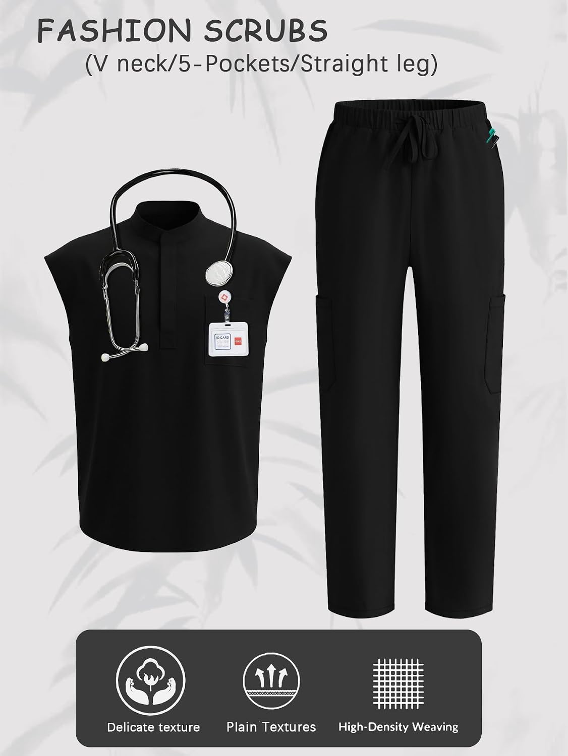 Scrubs for Men Set - V-Neck Scrub Top and Cargo Pants - 5 Pockets Men Scrubs Set (Black, S)