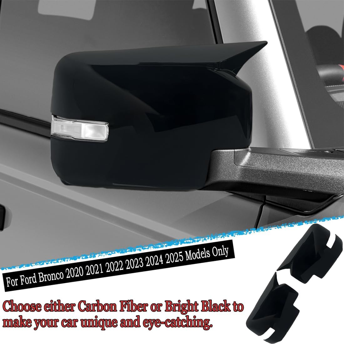 Side Mirror Cover,for Ford Bronco 2020-2025，Turn Signal housing Cover Sets car Accessories -Bright Black（with Turn Signal Cutout）