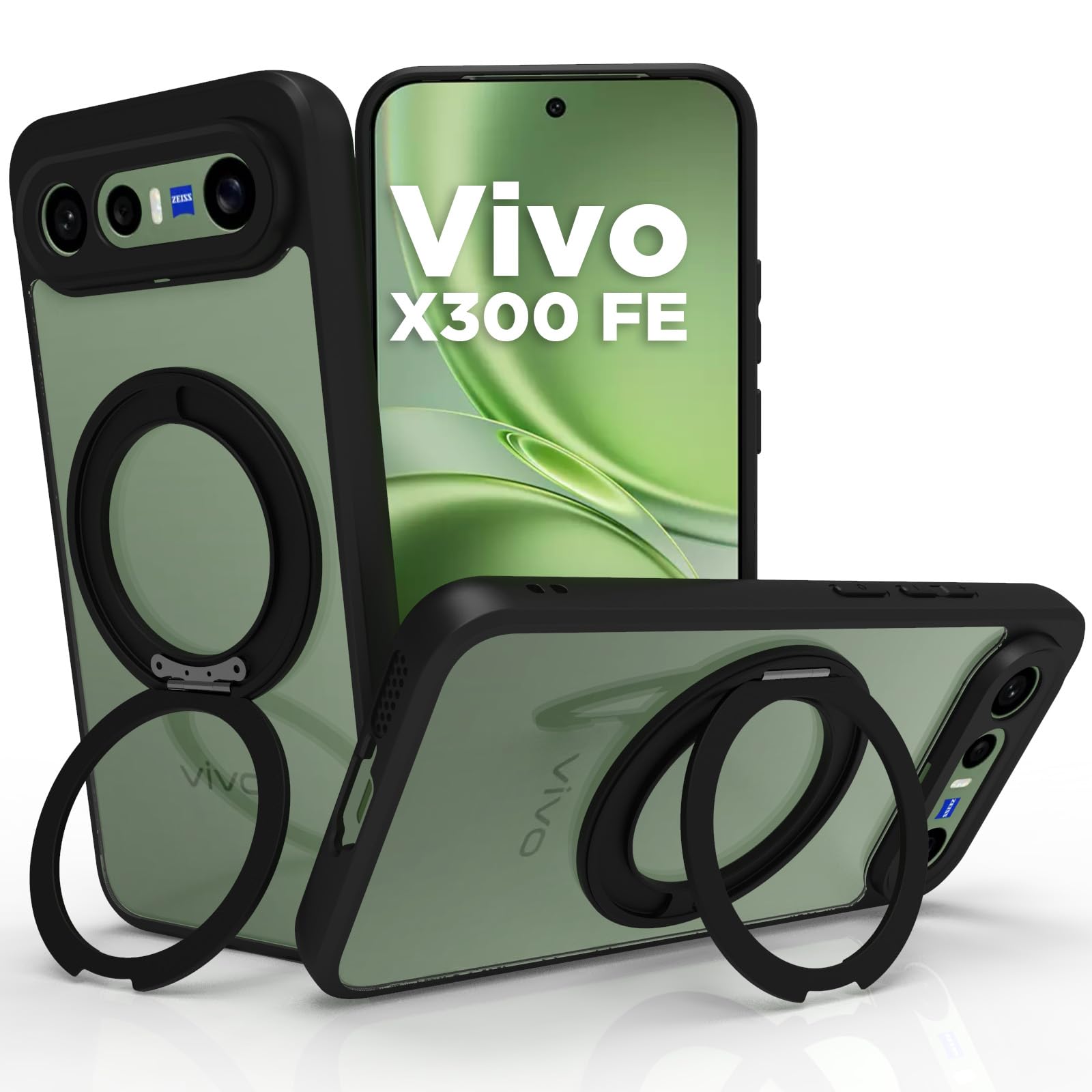 RIGGEAR Shockproof Sleek Hybrid Armor 360° Rotating Magnetic Ring Stand Back Cover Case Compatible with MagSafe Accessories for Vivo X300 FE 5G (Clear PC + Black TPU Bumper)-image-15